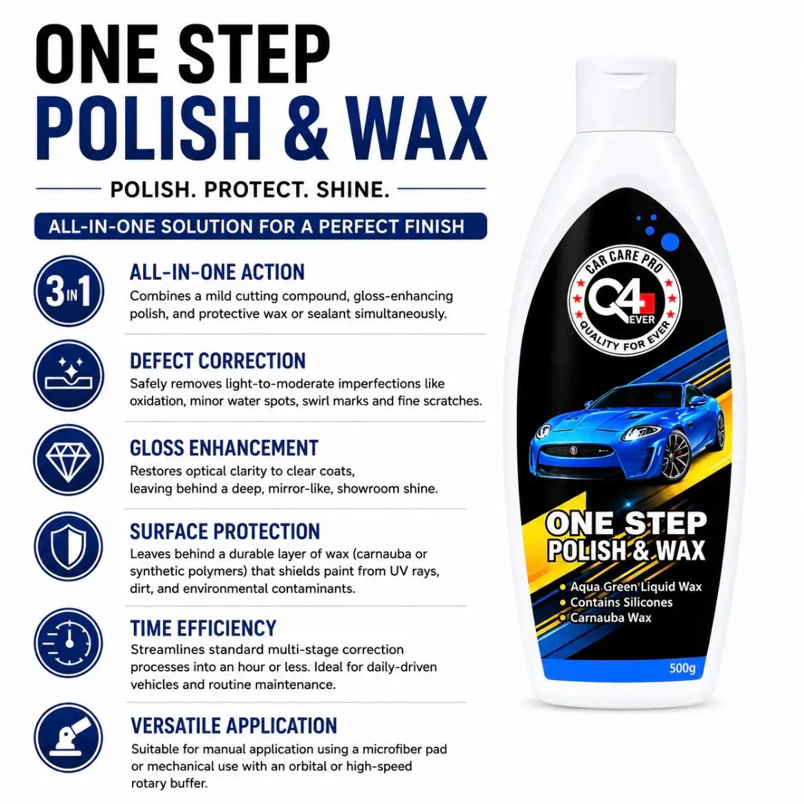 Q4 EVER One Step Polish & Wax 500g | Carnauba Wax Car Polish with Gloss & Paint Protection