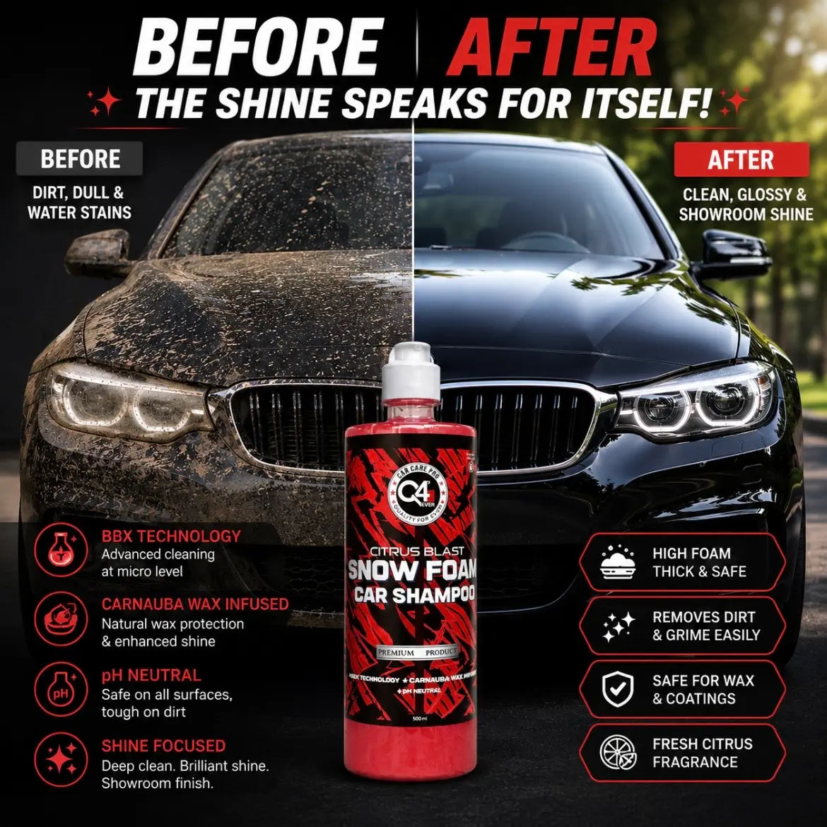 Q4 EVER Snow Foam Car Shampoo 500ml | Microfiber Cloth 250 GSM