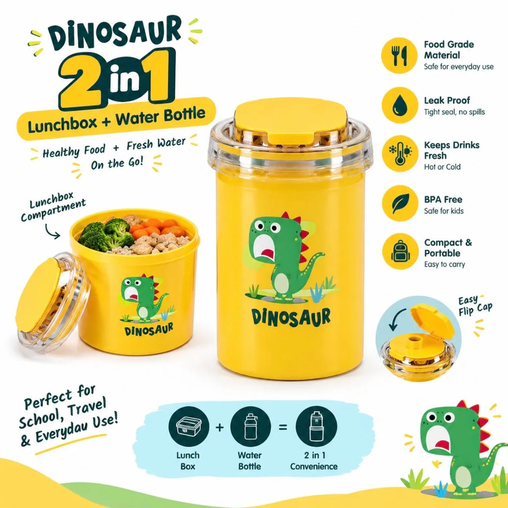 Kids 2-in-1 Dinosaur Lunch Box with Water Bottle | Cute Cartoon Design | Portable School Food & Drink Container