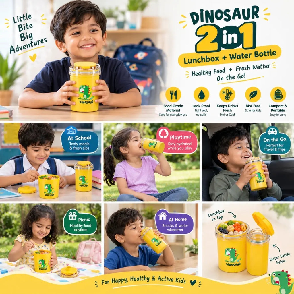 Kids 2-in-1 Dinosaur Lunch Box with Water Bottle | Cute Cartoon Design | Portable School Food & Drink Container